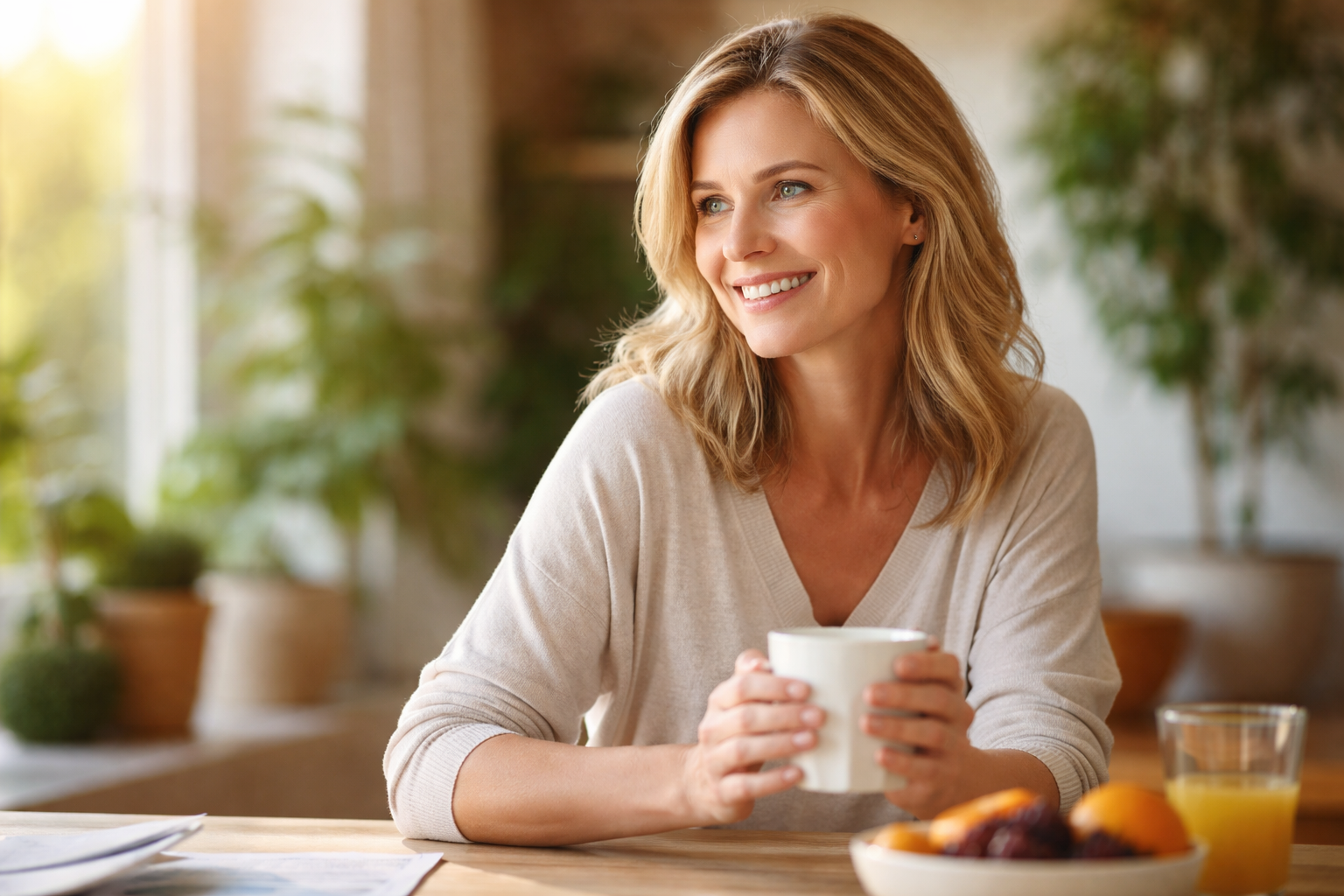 Woman in her 40s in a calm morning kitchen setting supporting her metabolism routine